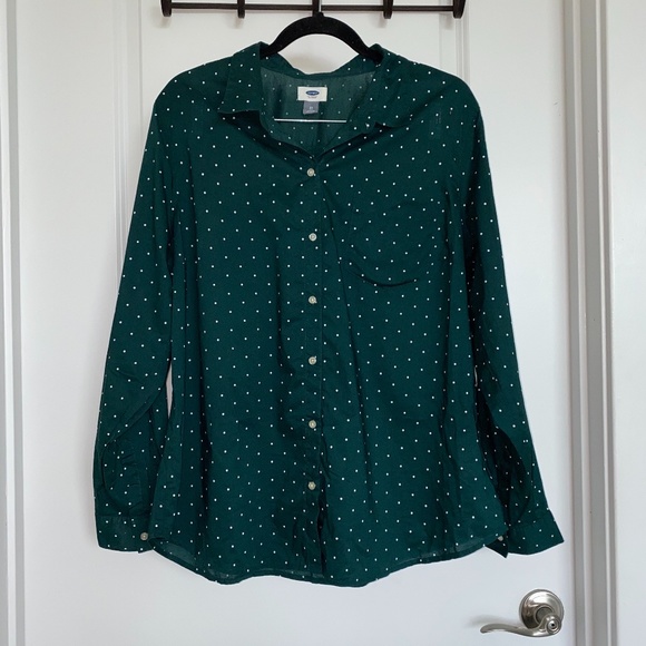 Old Navy Polka Dot Button Shirt Dark Green & White - Picture 3 of 9